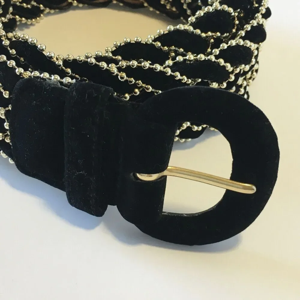 Vintage Amanda Smith Womens Belt Black Felt and Thin Gold Beading Woven Size S/M
